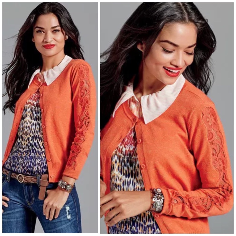 CAbi | #3123 Cut Out Button Knit Sweater Cardigan with Lace Detail